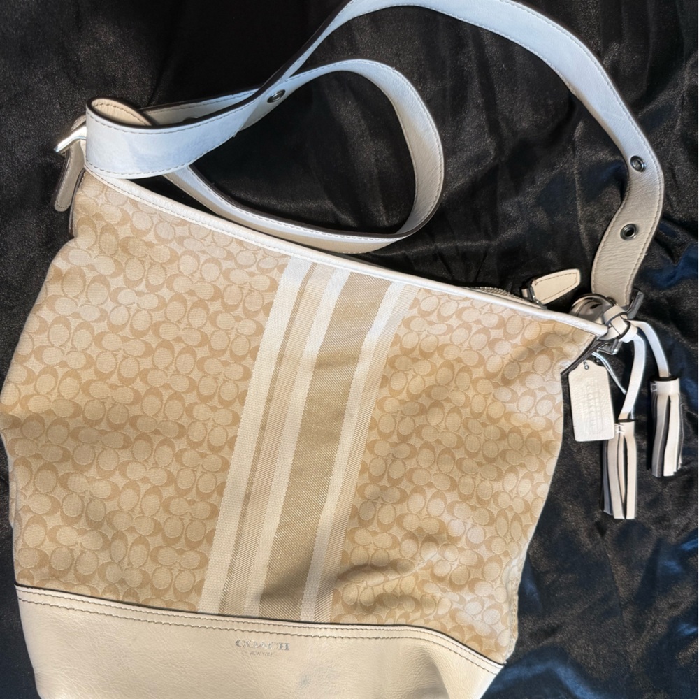 Coach Signature Stripe Swingpack Crossbody Bag White Leather Trim-discount shipp